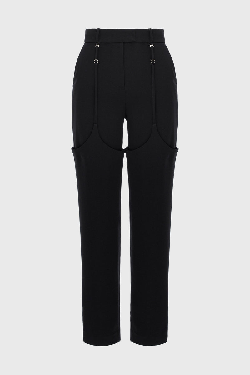 Pantaloni negri din lana cu efect de portjartier Garter