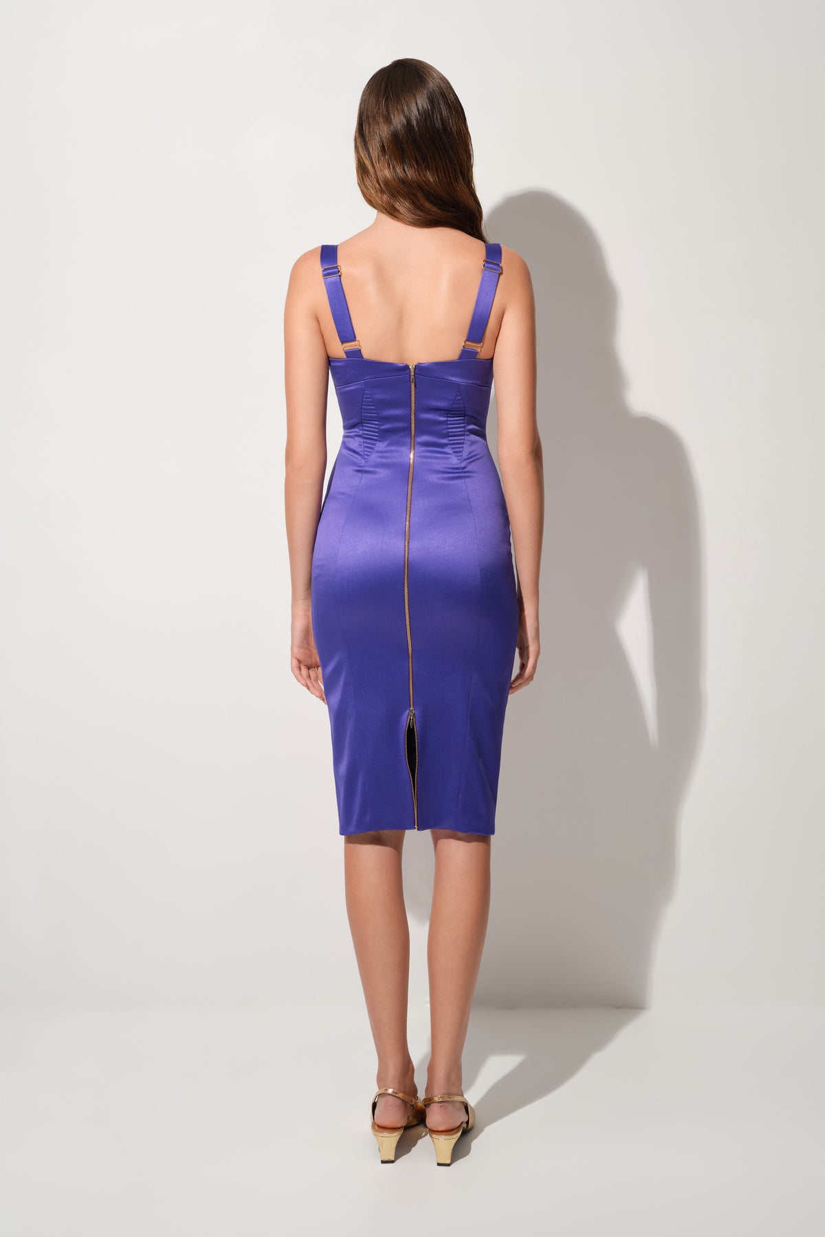 Rochie violet din satin elastic midi cu fermoar dublu la spate Haze