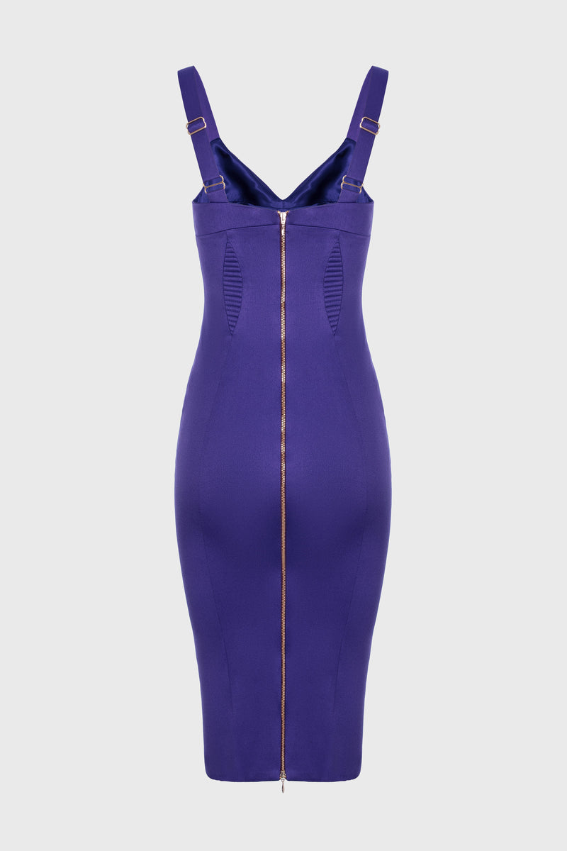 Rochie violet din satin elastic midi cu fermoar dublu la spate Haze