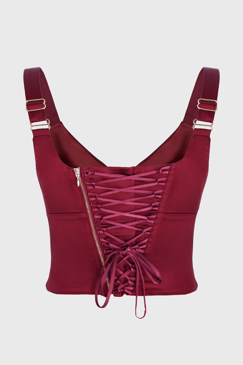 Corset rosu burgund din satin cu insiretare Haze