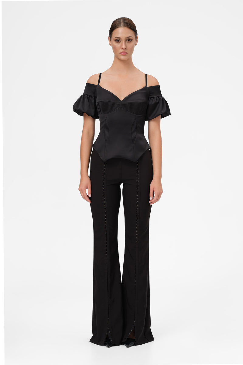 Corset negru cu maneci bufante din satin Haze