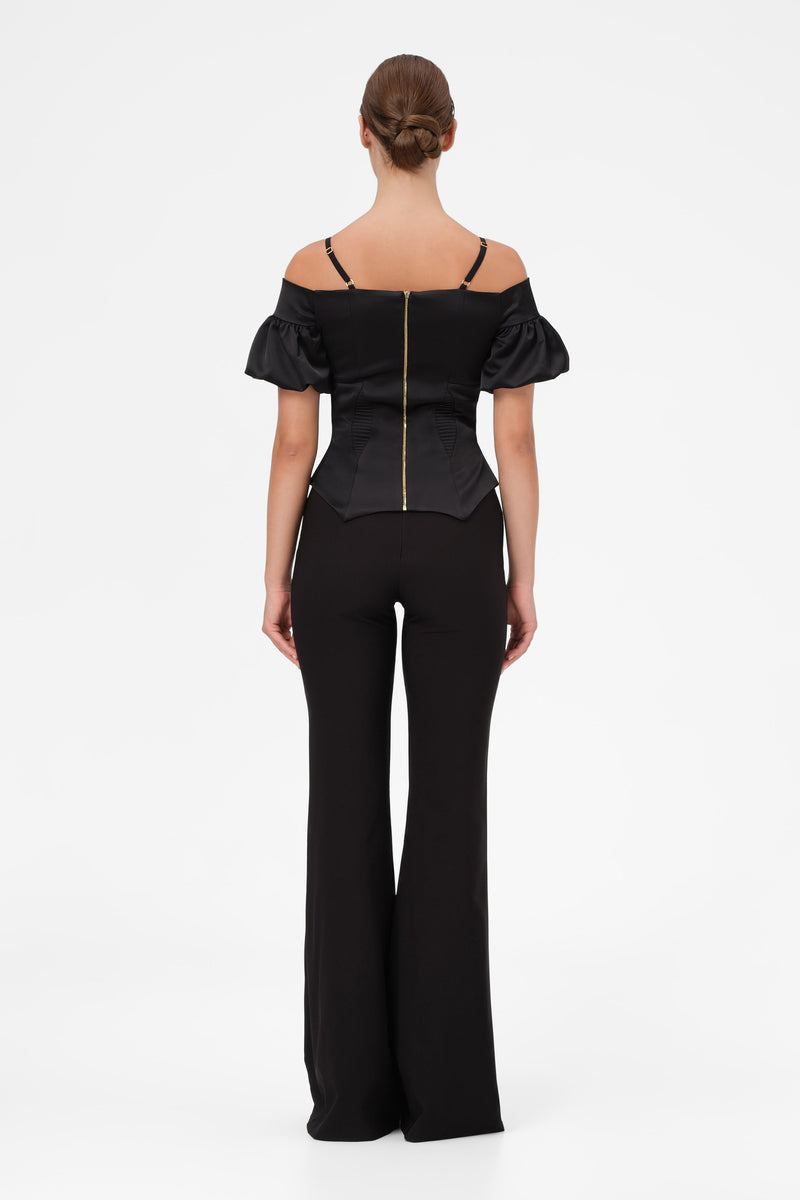 Corset negru cu maneci bufante din satin Haze