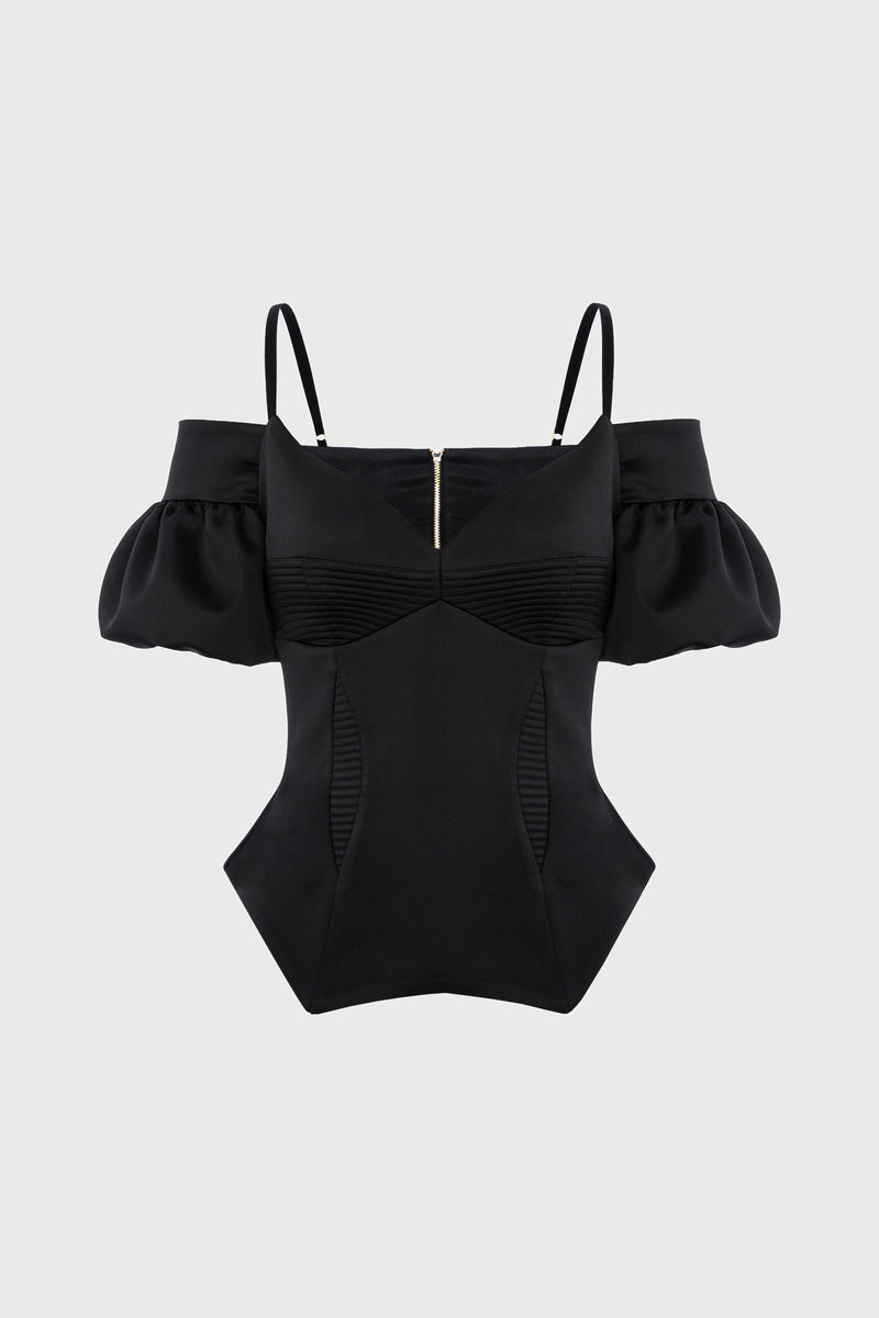Corset negru cu maneci bufante din satin Haze