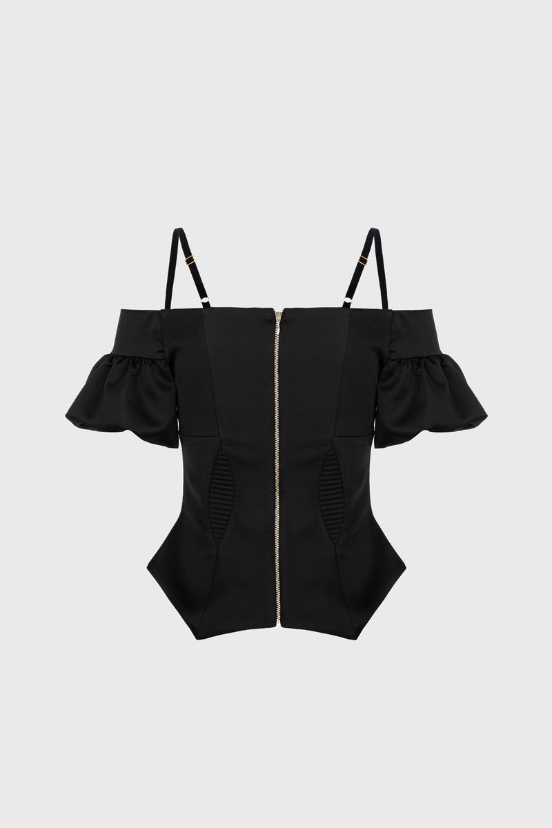 Corset negru cu maneci bufante din satin Haze