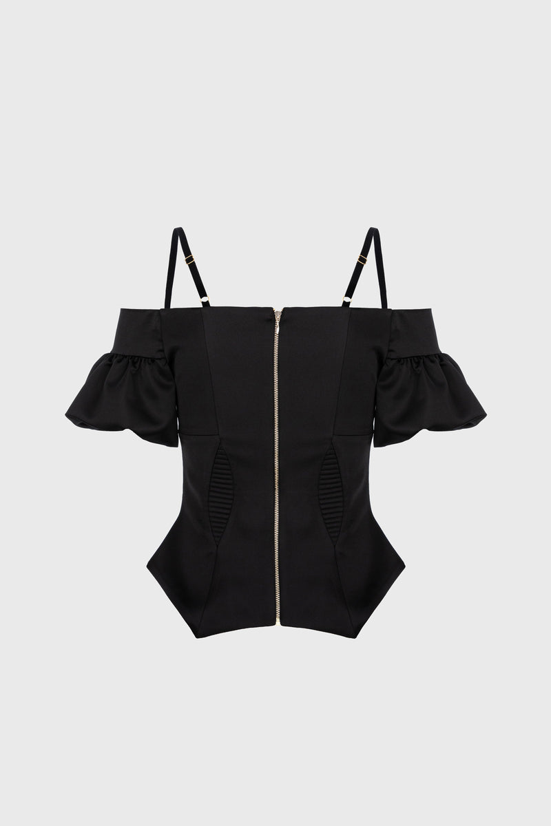 Corset negru cu maneci bufante din satin Haze