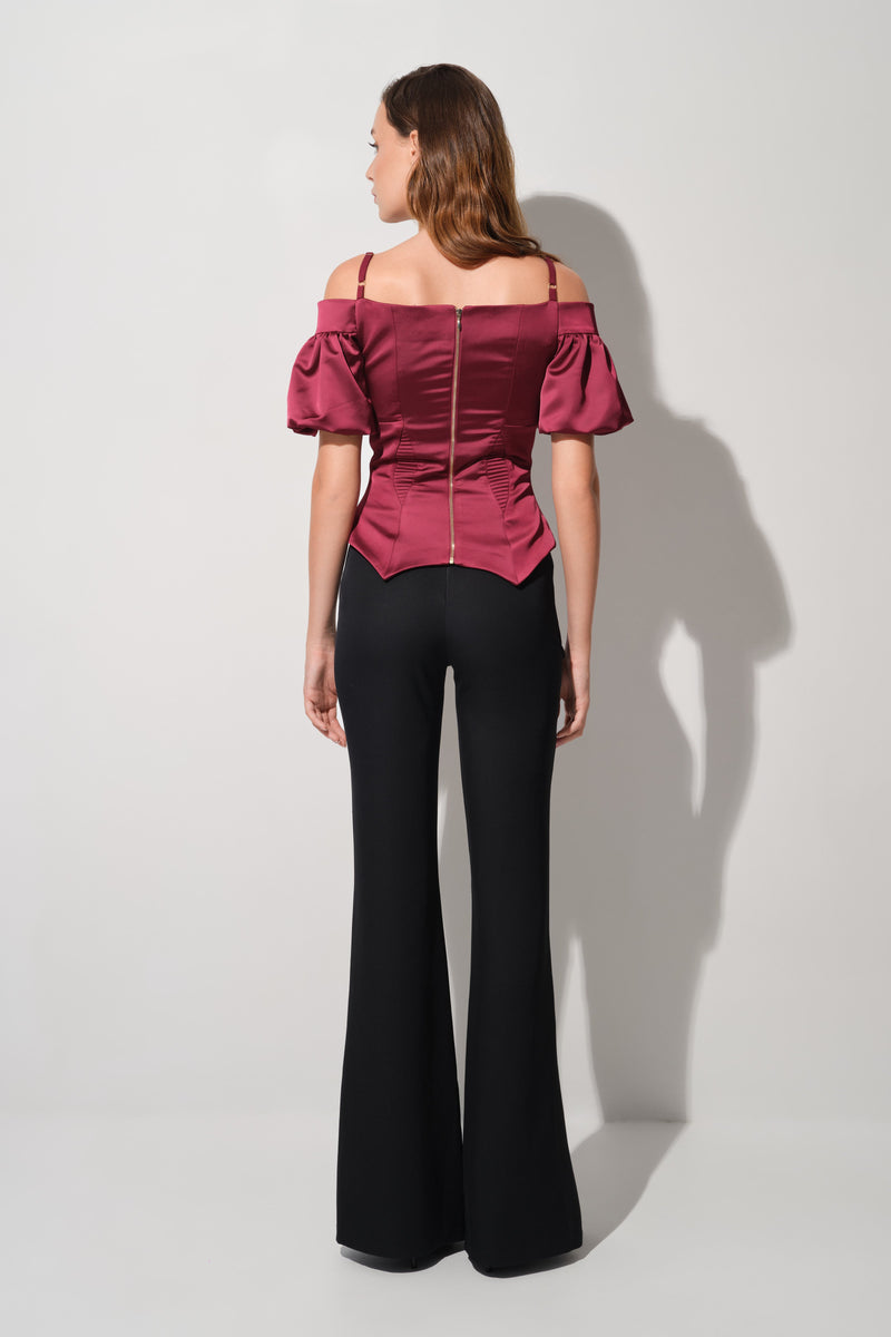 Corset rosu burgund cu maneci bufante din satin Haze