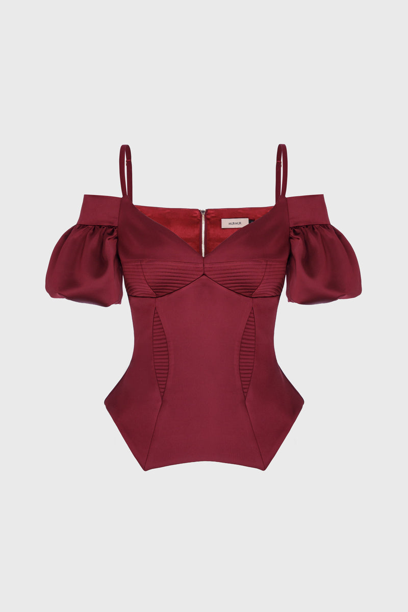 Corset rosu burgund cu maneci bufante din satin Haze