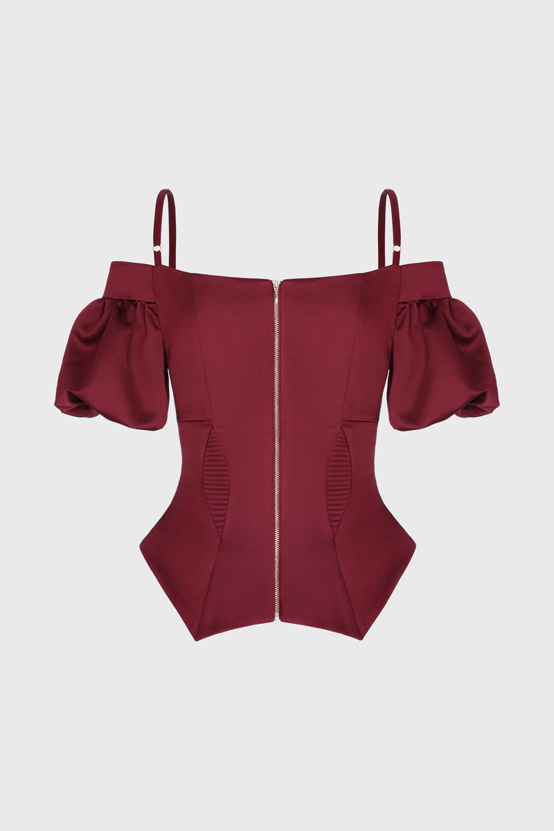 Corset rosu burgund cu maneci bufante din satin Haze