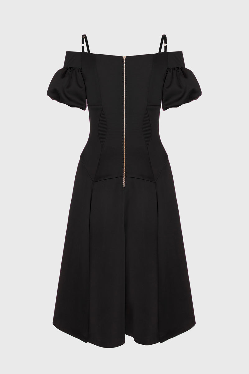 Rochie neagra din satin cu maneci bufante Haze
