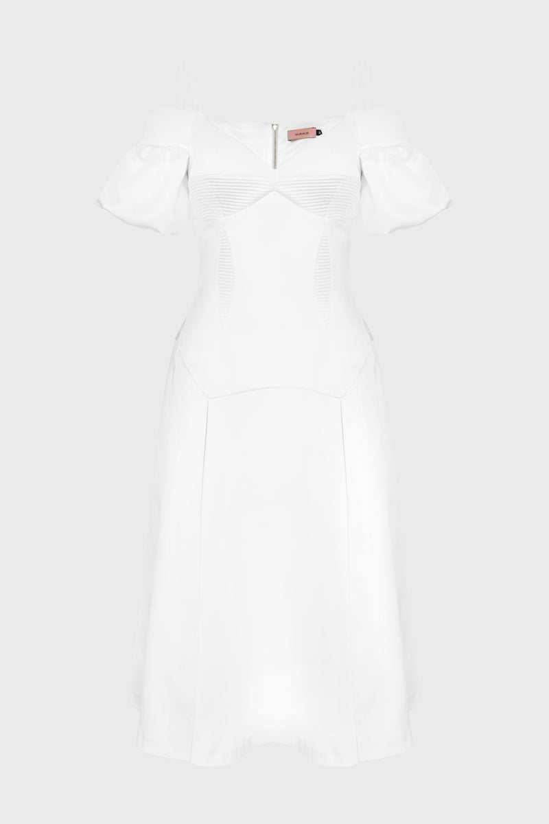 Rochie alba din satin cu maneci bufante Haze