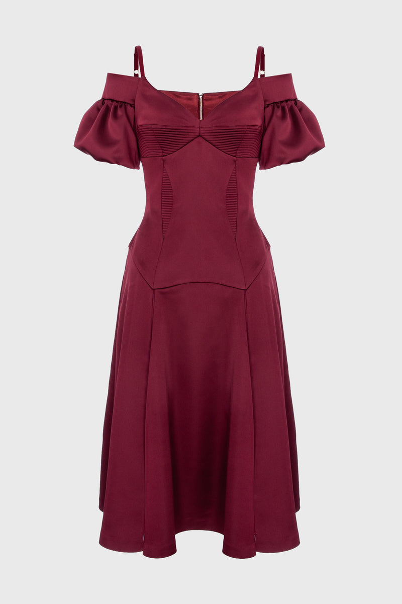 Rochie rosu burgund din satin cu maneci bufante Haze