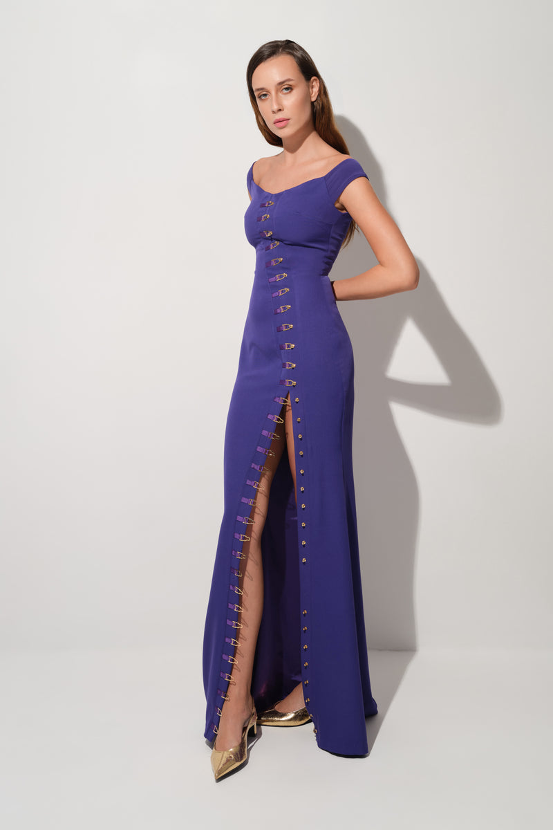 Rochie violet lunga cu decolteu Ivy