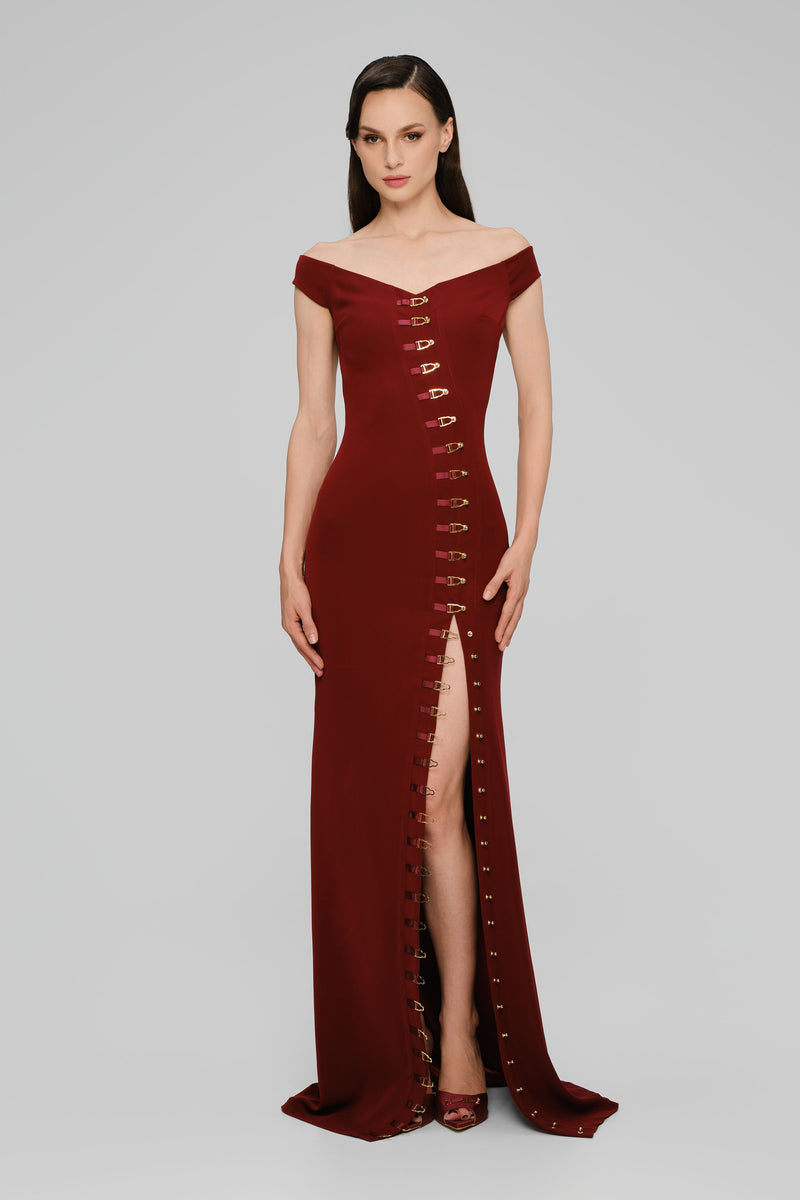 Rochie rosu burgund lunga cu decolteu Ivy