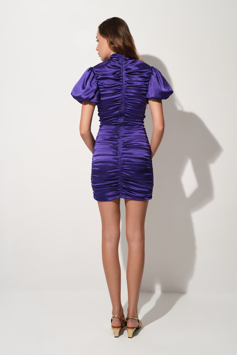 Rochie violet mini din matase cu drapaje Ruched