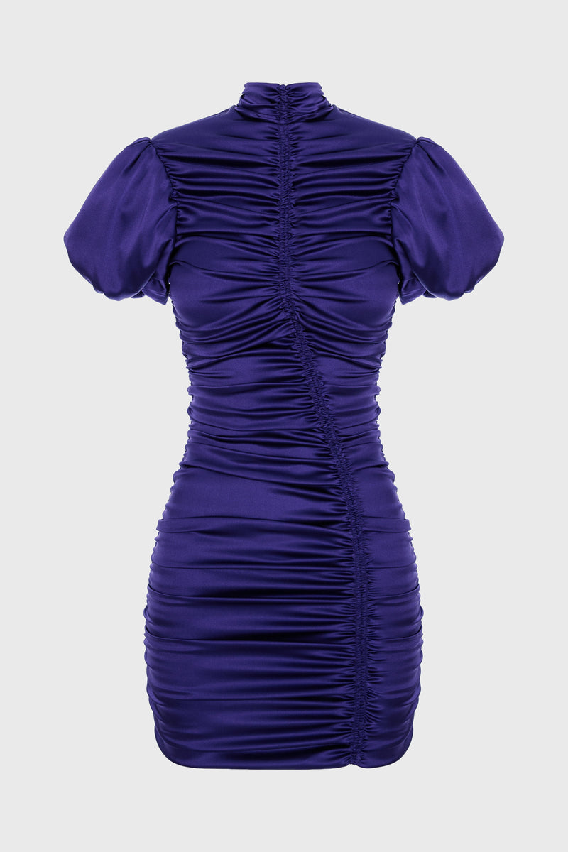 Rochie violet mini din matase cu drapaje Ruched