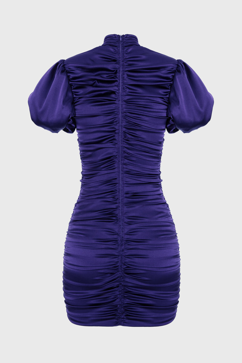 Rochie violet mini din matase cu drapaje Ruched