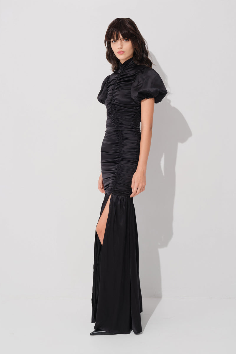 Rochie neagra lunga din matase cu drapaje Ruched