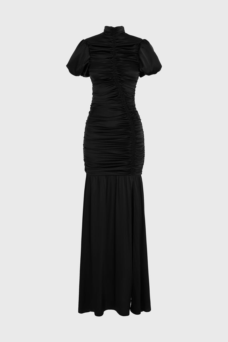 Rochie neagra lunga din matase cu drapaje Ruched