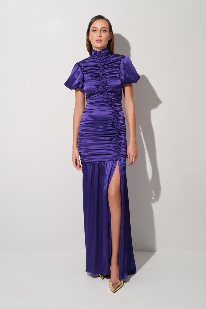 Rochie violet lunga din matase cu drapaje Ruched