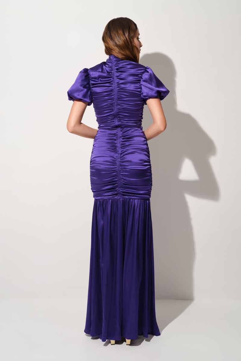 Rochie violet lunga din matase cu drapaje Ruched