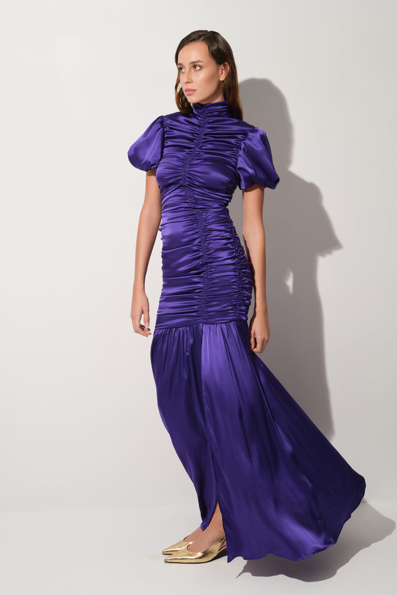 Rochie violet lunga din matase cu drapaje Ruched