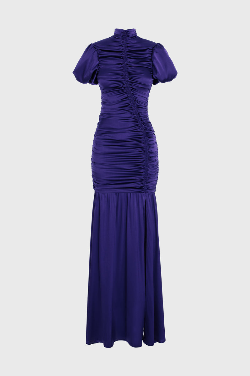 Rochie violet lunga din matase cu drapaje Ruched