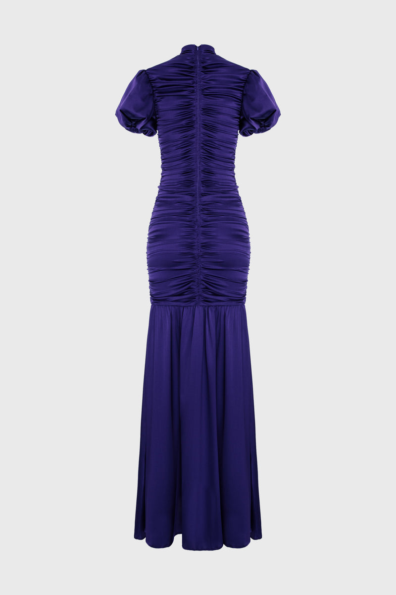 Rochie violet lunga din matase cu drapaje Ruched