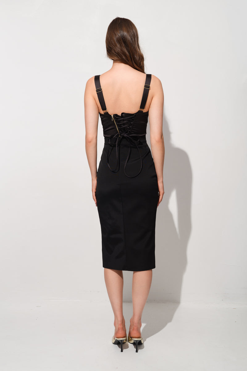 Corset negru din satin cu cupe si insiretare Sculpt