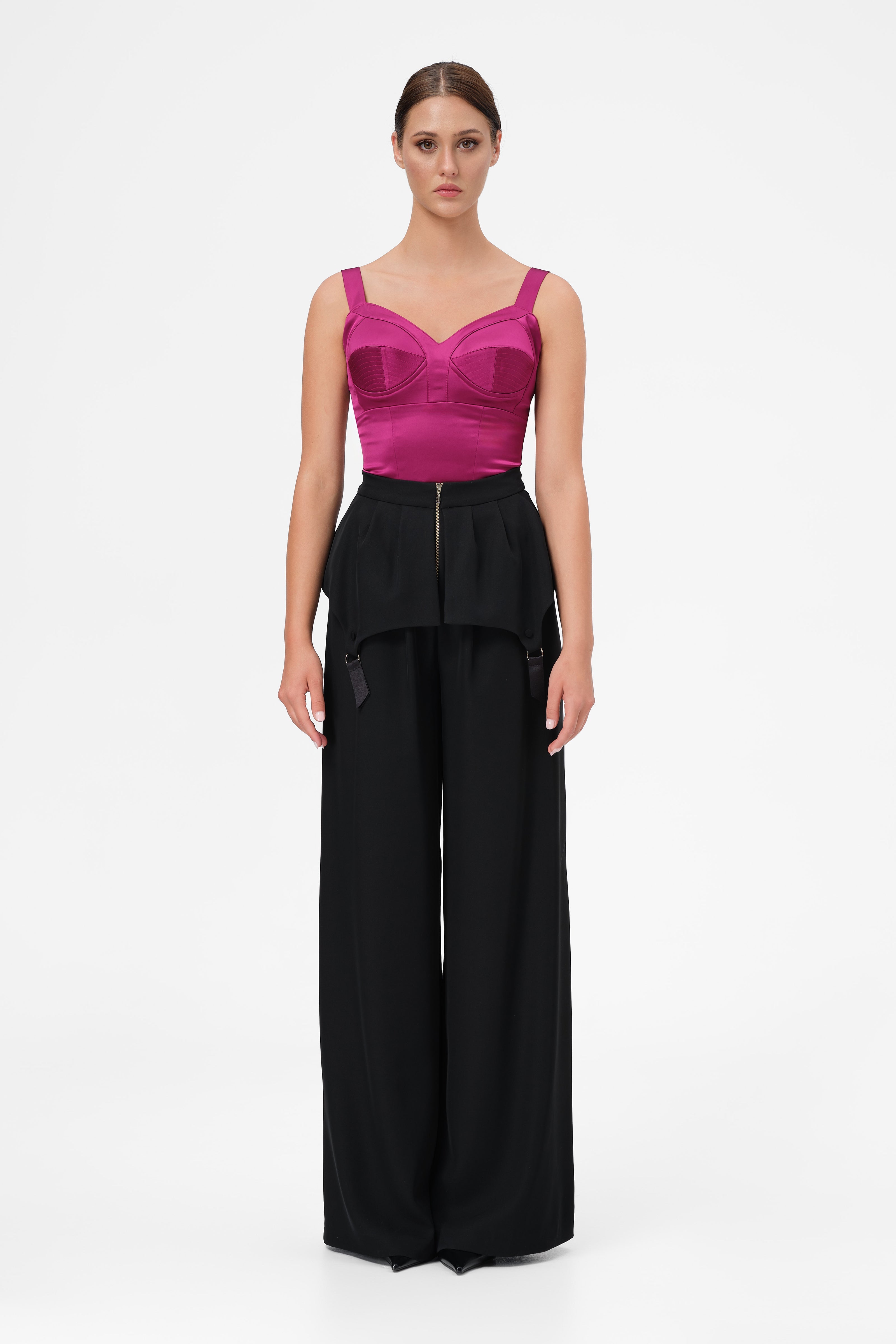 Corset roz intens din satin cu cupe Sculpt