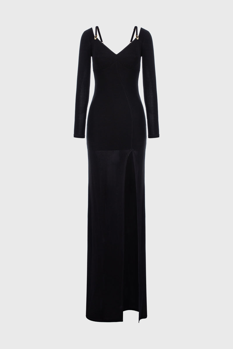 Rochie neagra lunga din vascoza elastica Skin