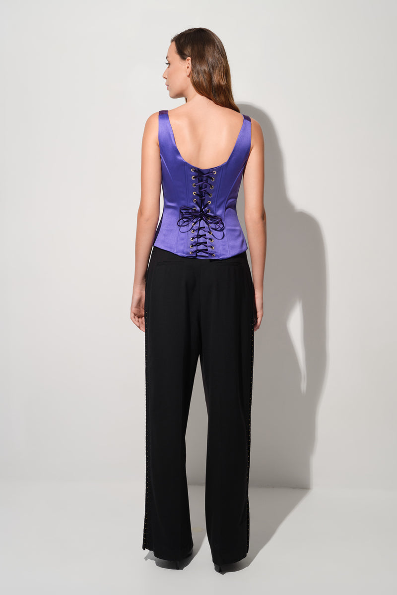 Corset violet din satin cu insiretare String