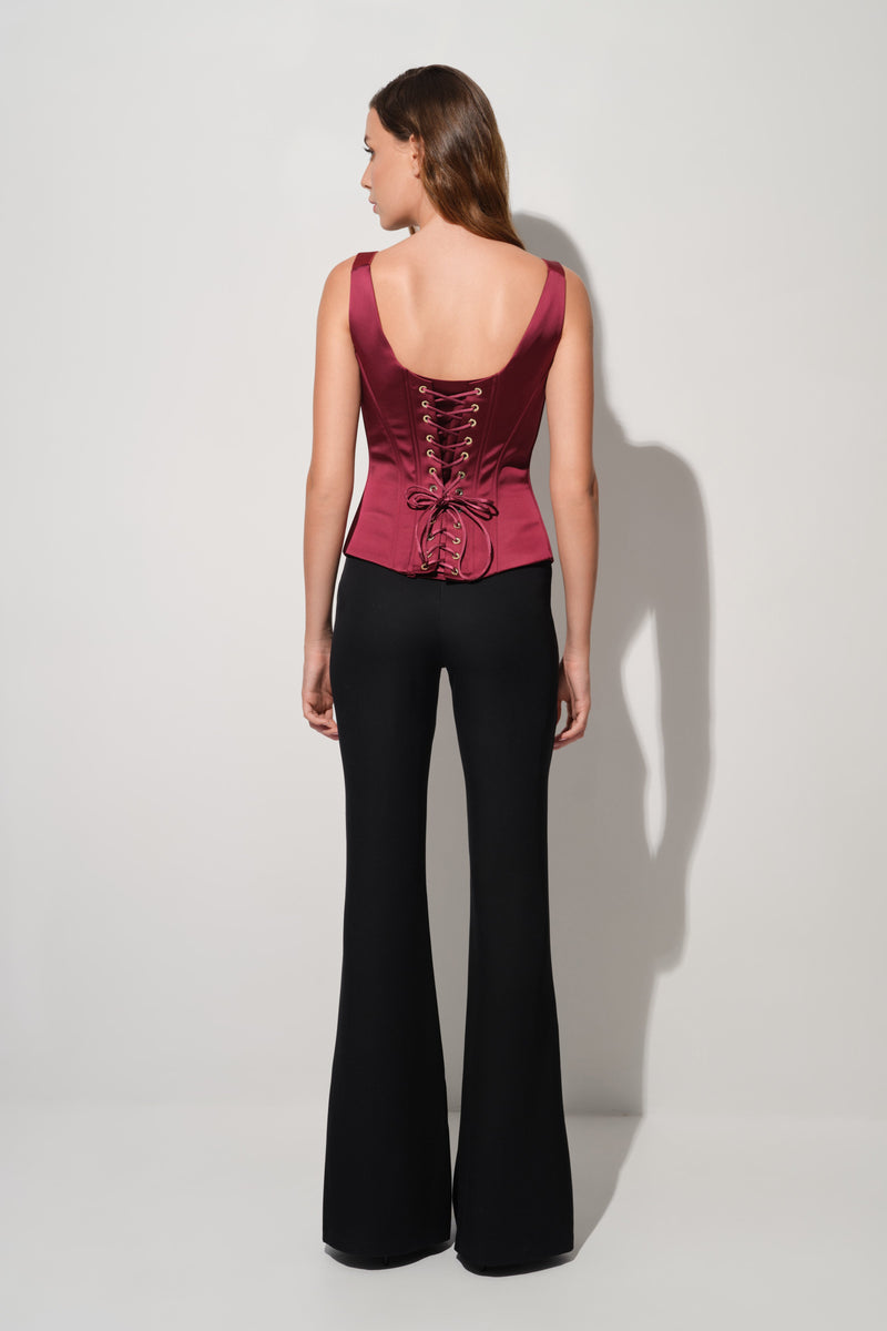 Corset rosu burgund din satin cu insiretare String