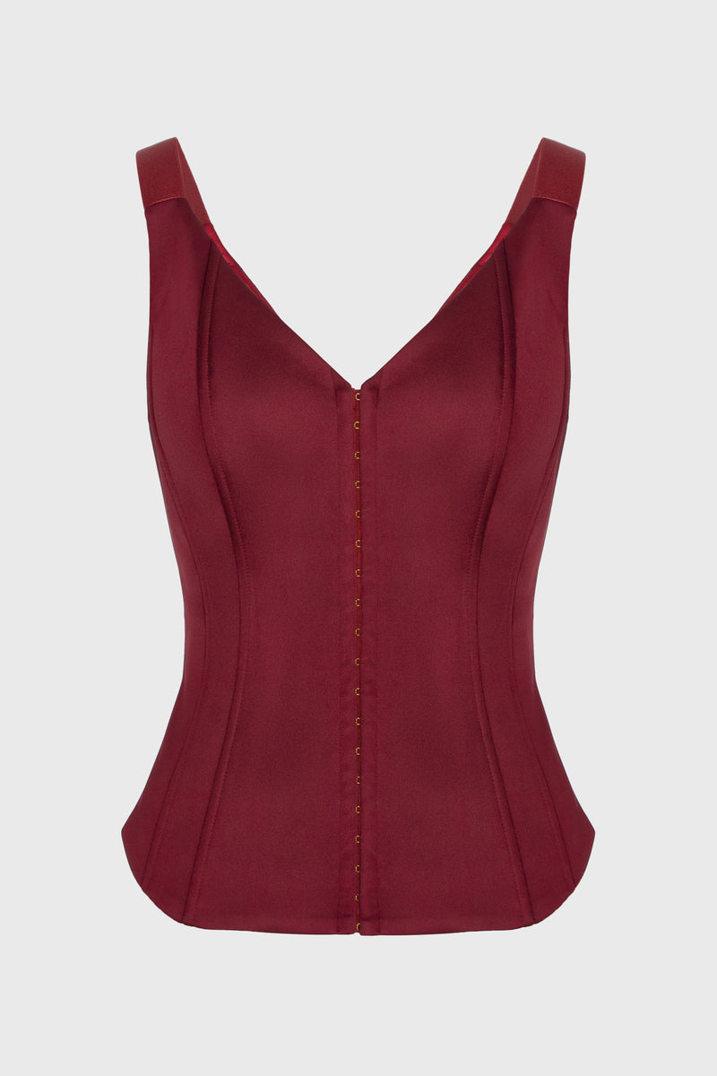 Corset rosu burgund din satin cu insiretare String