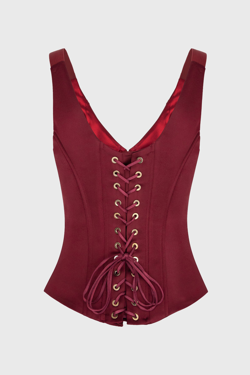 Corset rosu burgund din satin cu insiretare String