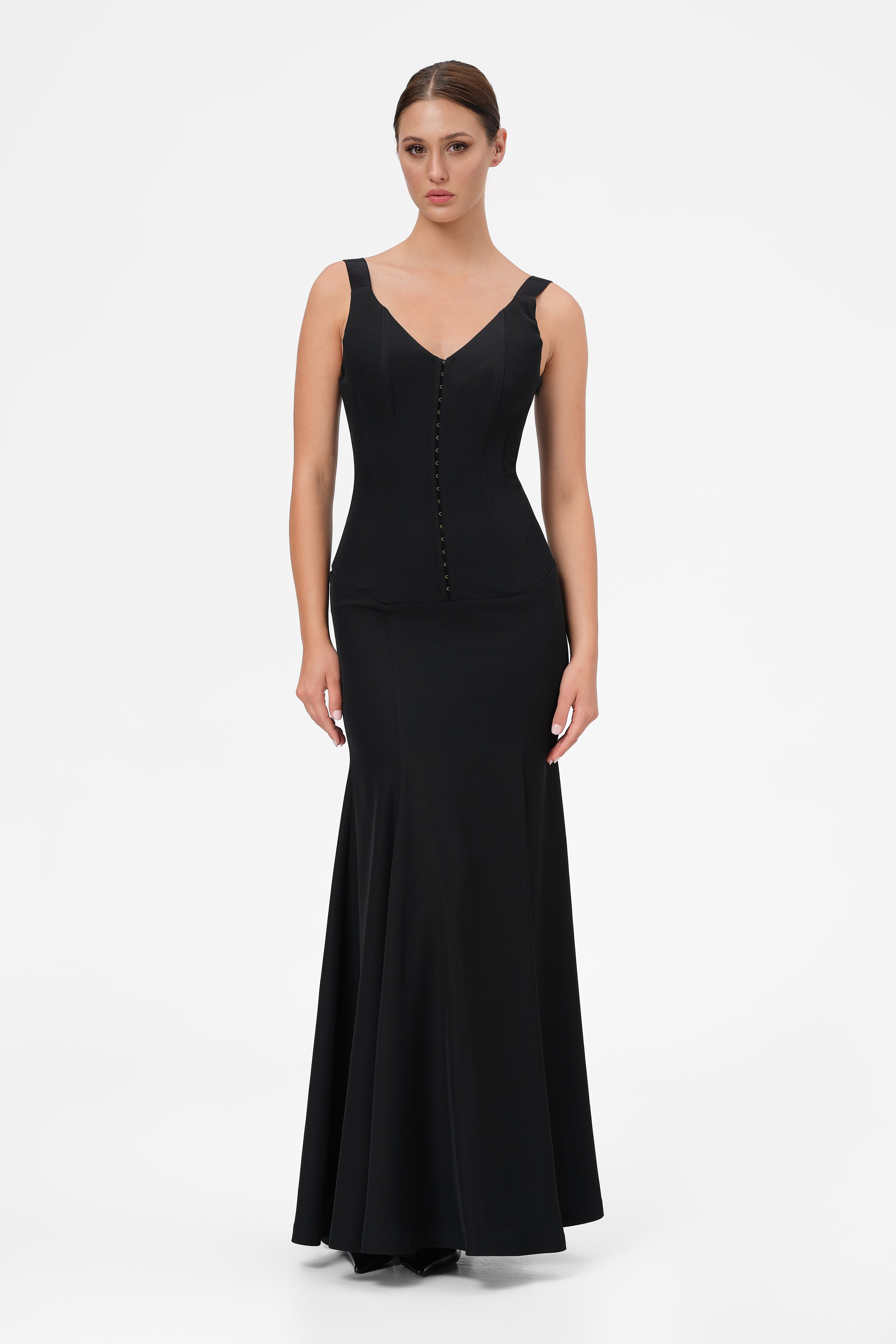 Rochie neagra lunga cu corsetaj String