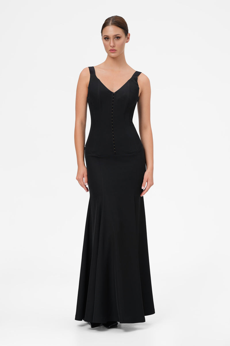 Rochie neagra lunga cu corsetaj String