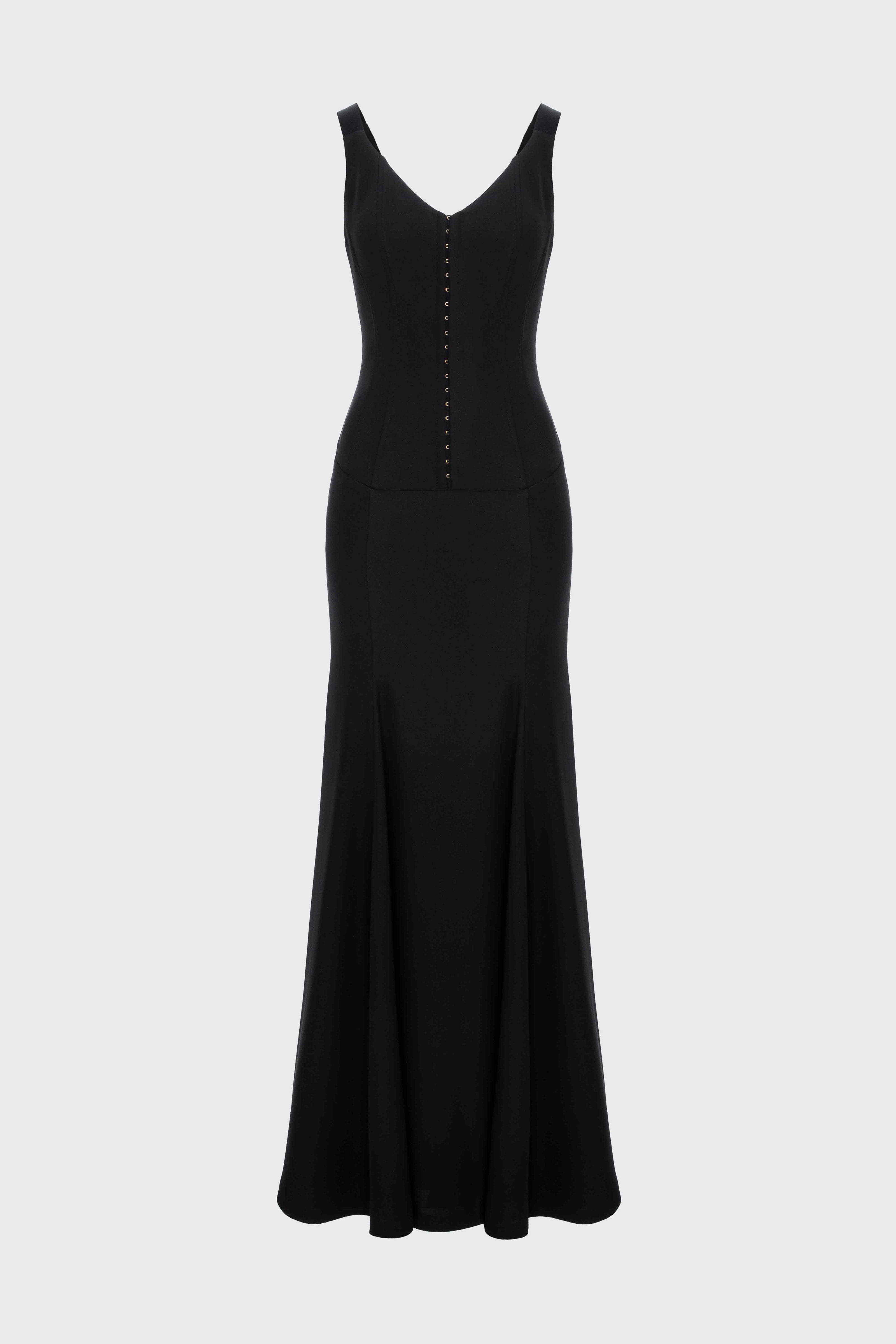 Rochie neagra lunga cu corsetaj String