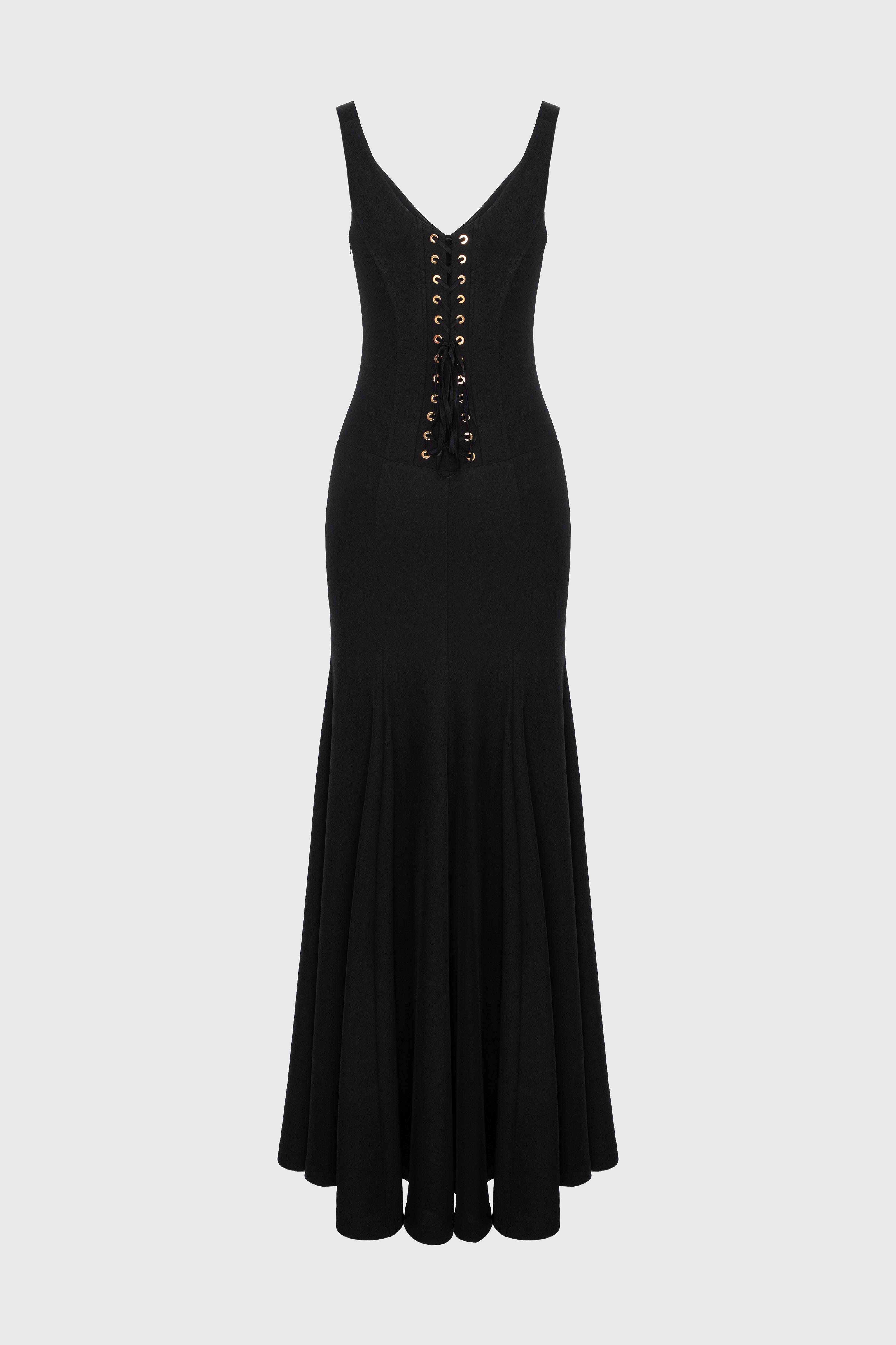 Rochie neagra lunga cu corsetaj String