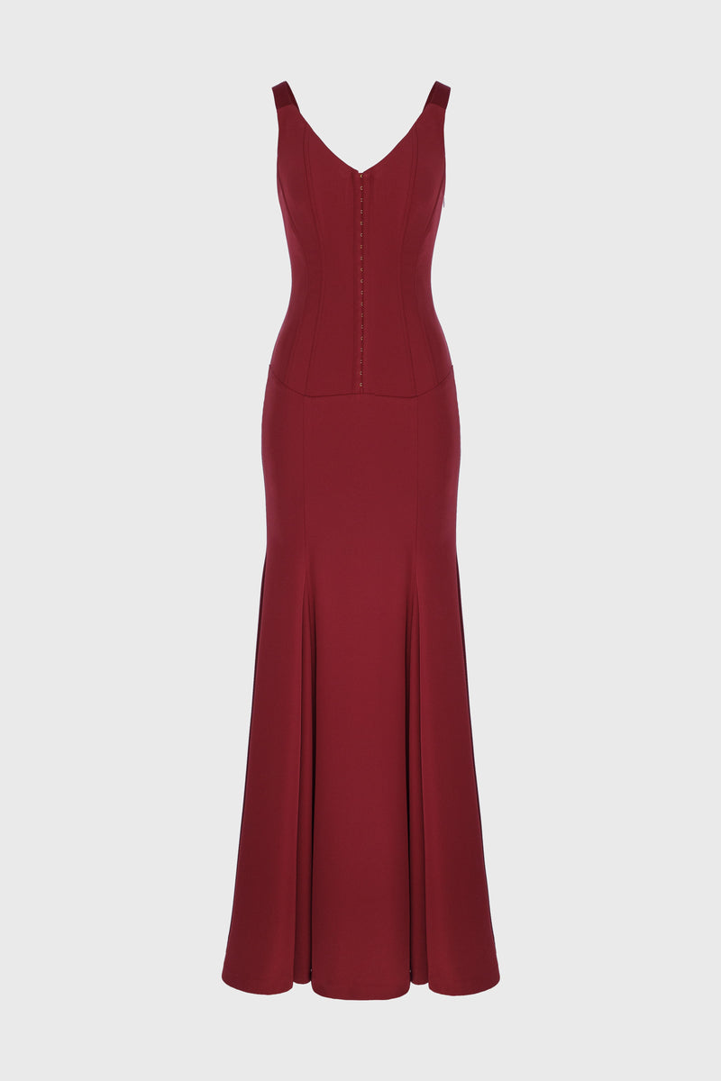 Rochie rosu burgund lunga cu corsetaj String