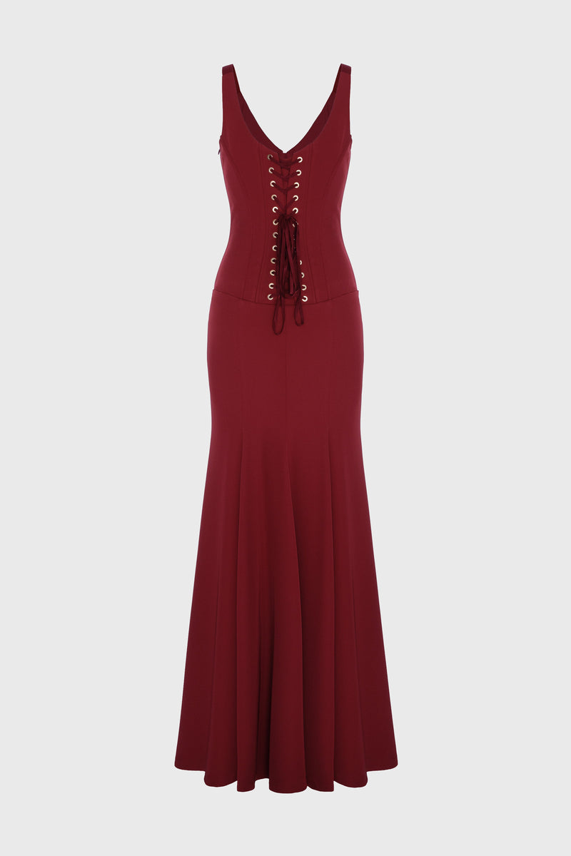 Rochie rosu burgund lunga cu corsetaj String