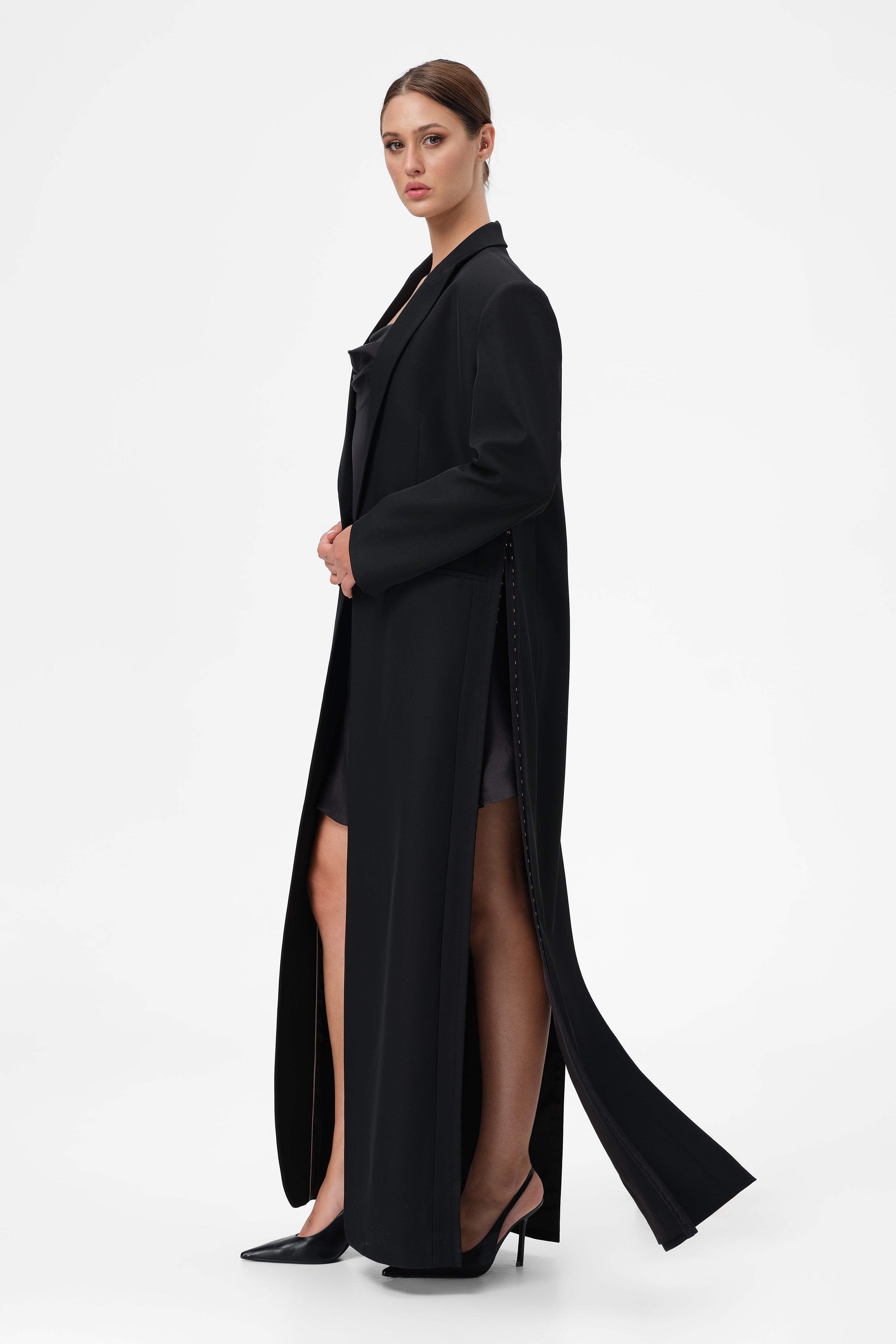 Blazer negru lung cu deschidere laterala Urban