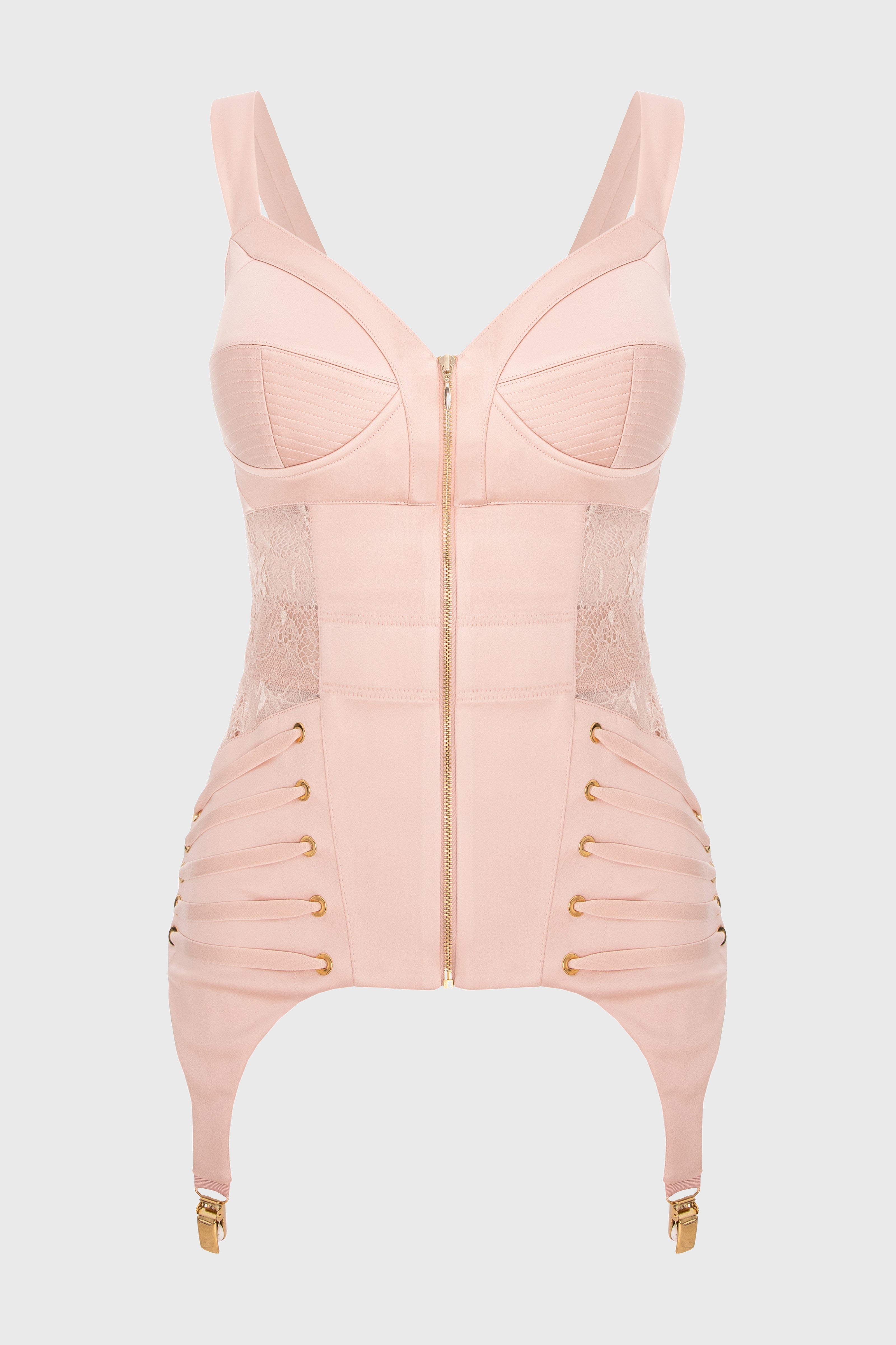 Corset roz pudrat din satin si dantela Zest