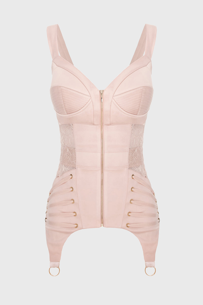 Corset roz pudrat din satin si dantela Zest