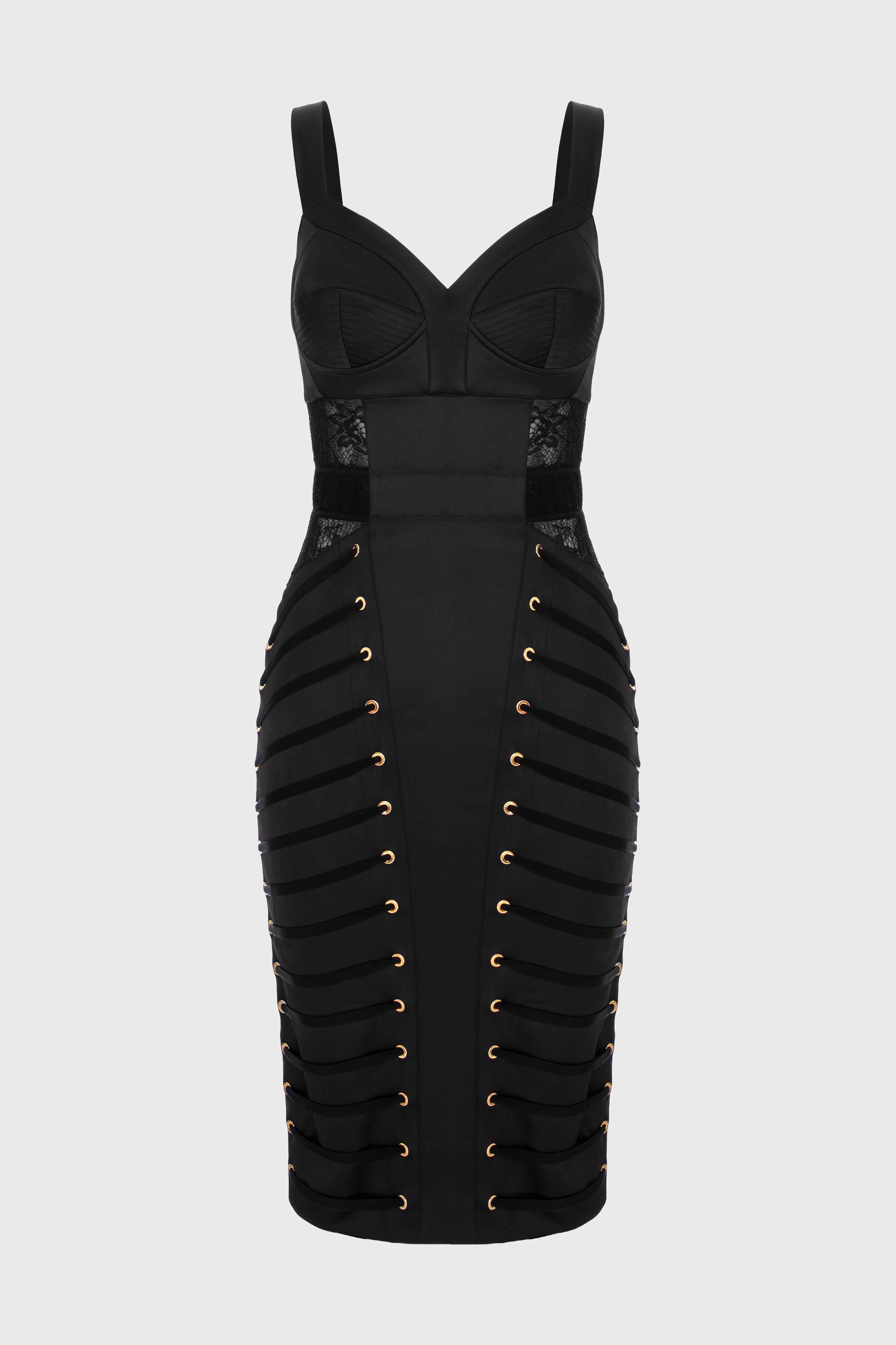 Rochie neagra midi din satin si dantela Zest