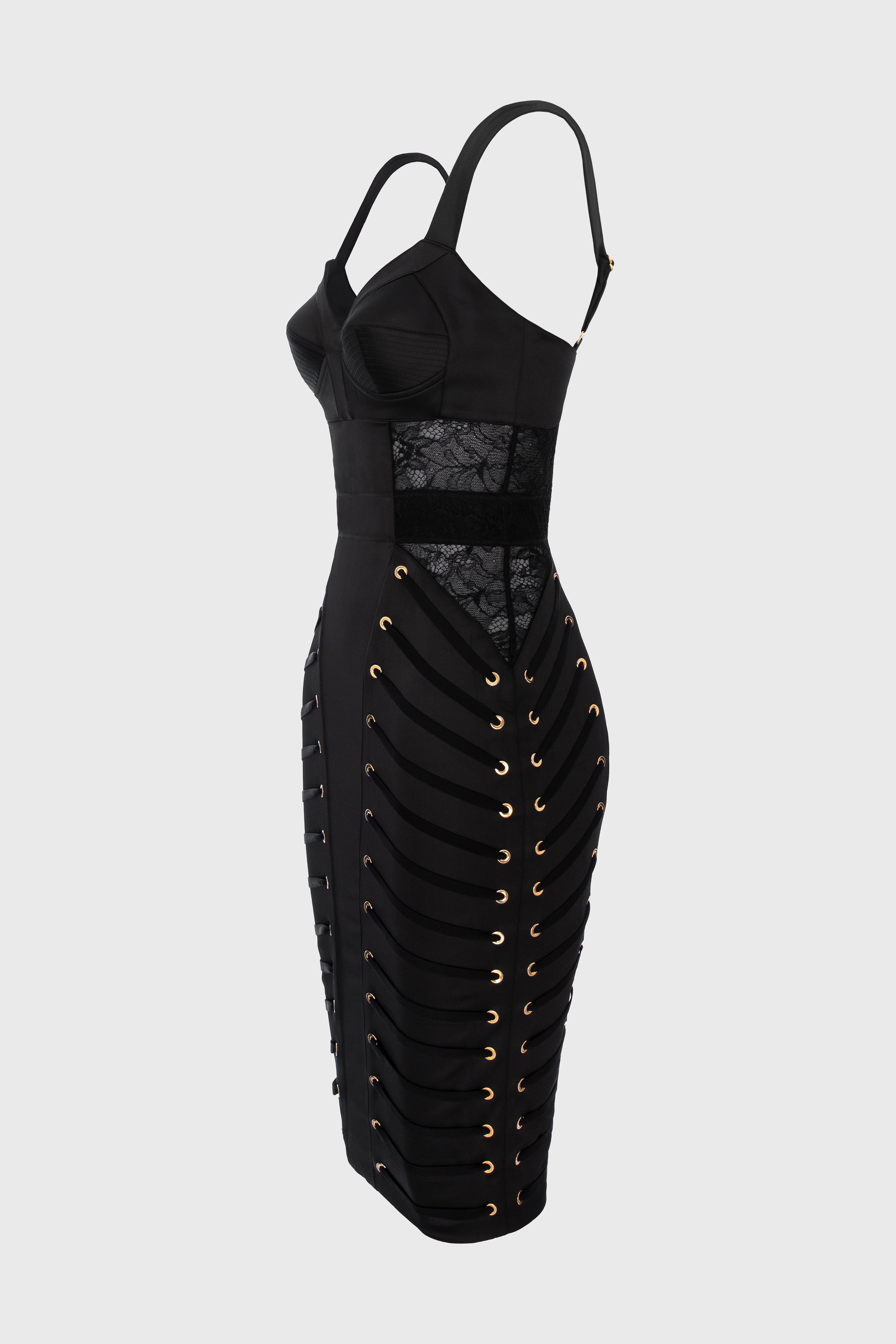Rochie neagra midi din satin si dantela Zest