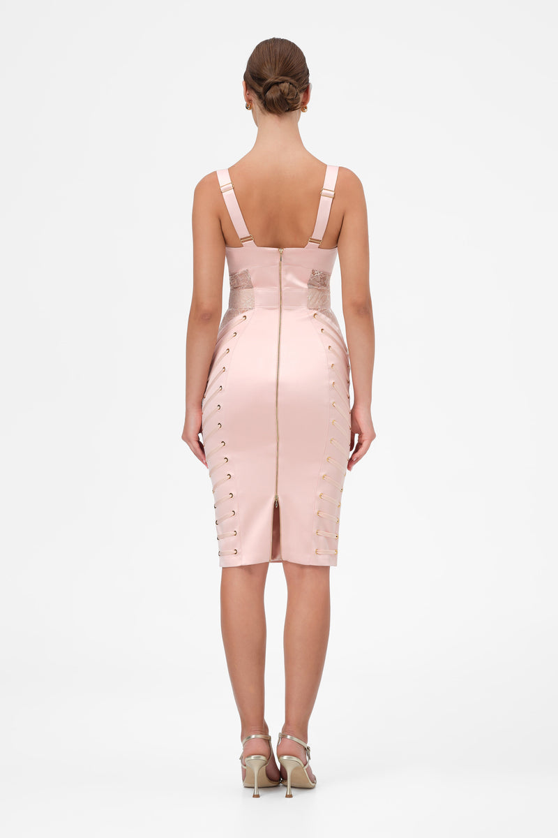 Rochie roz pudra midi din satin si dantela Zest