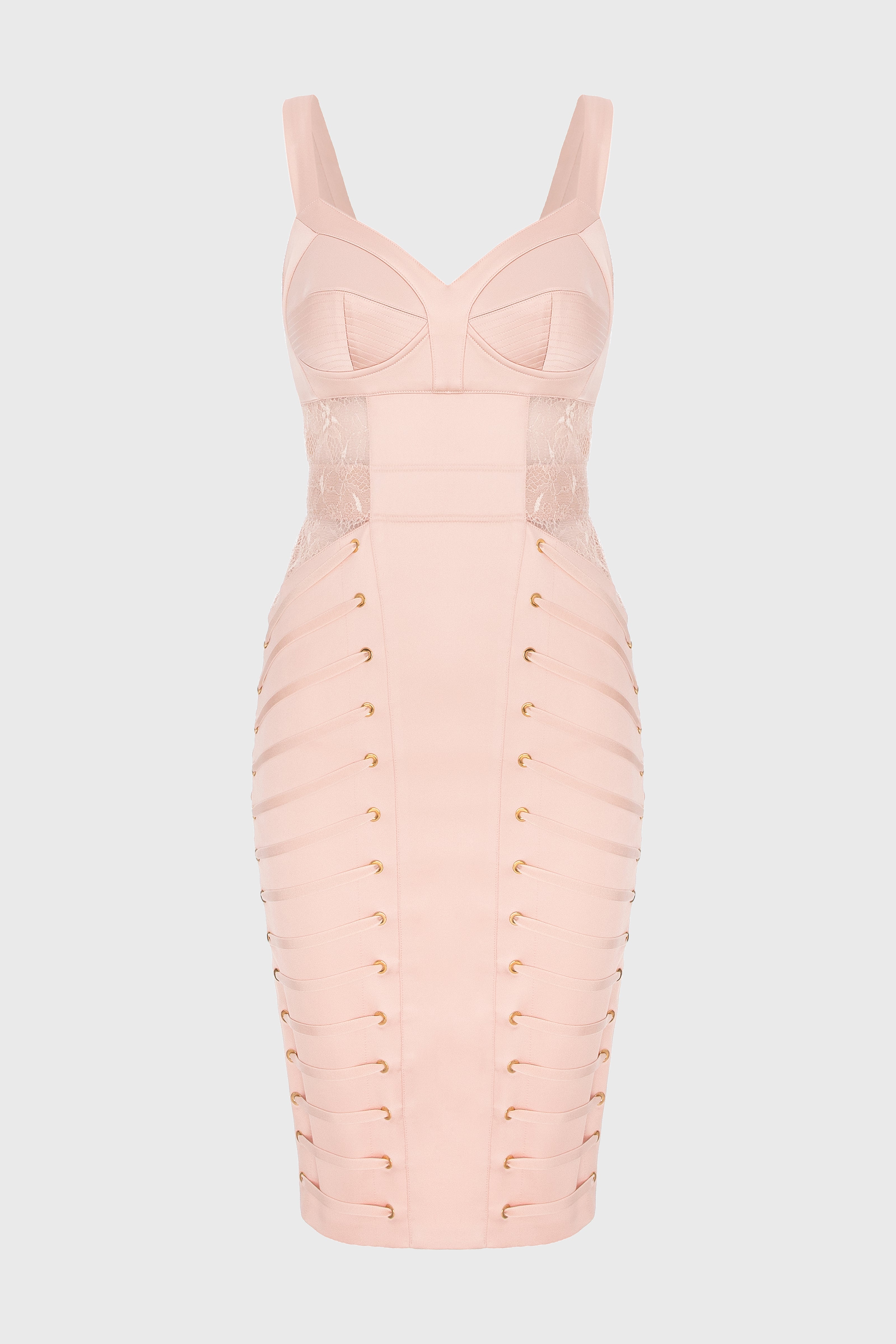 Rochie roz pudra midi din satin si dantela Zest