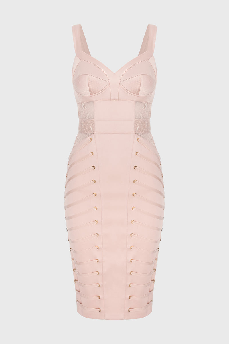 Rochie roz pudra midi din satin si dantela Zest