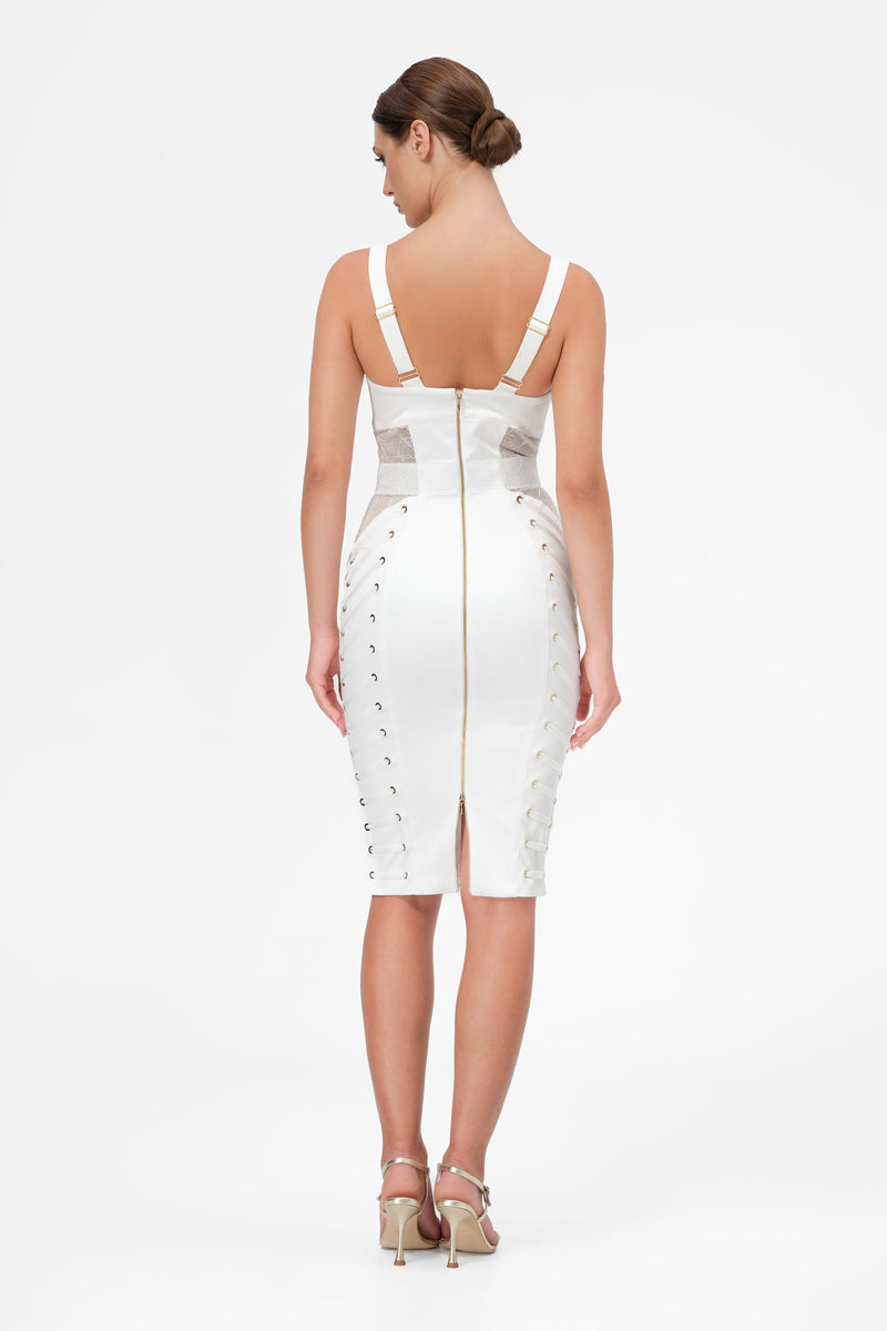 Rochie alba midi din satin si dantela Zest