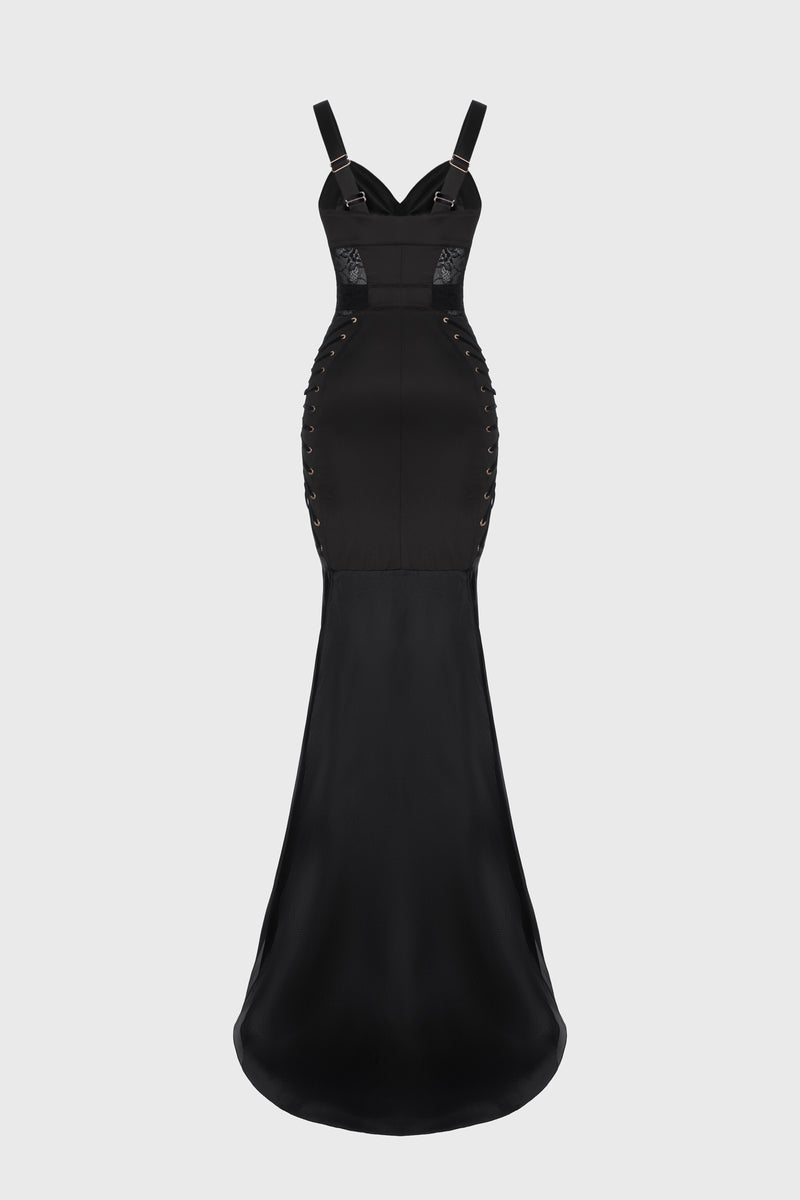 Rochie neagra lunga din satin si dantela Zest